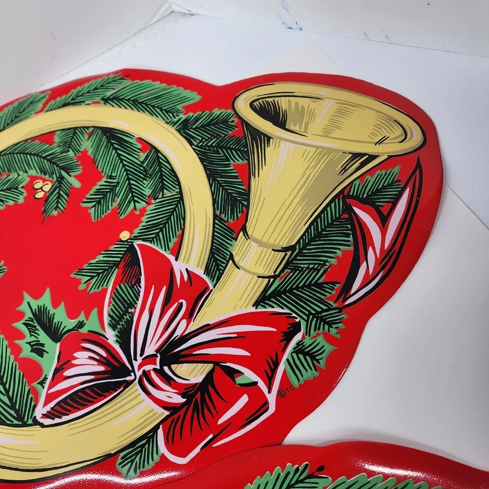 Town & Country Vinyl 1980s Christmas Table Placemats 14 X 18 Red French Horn EC